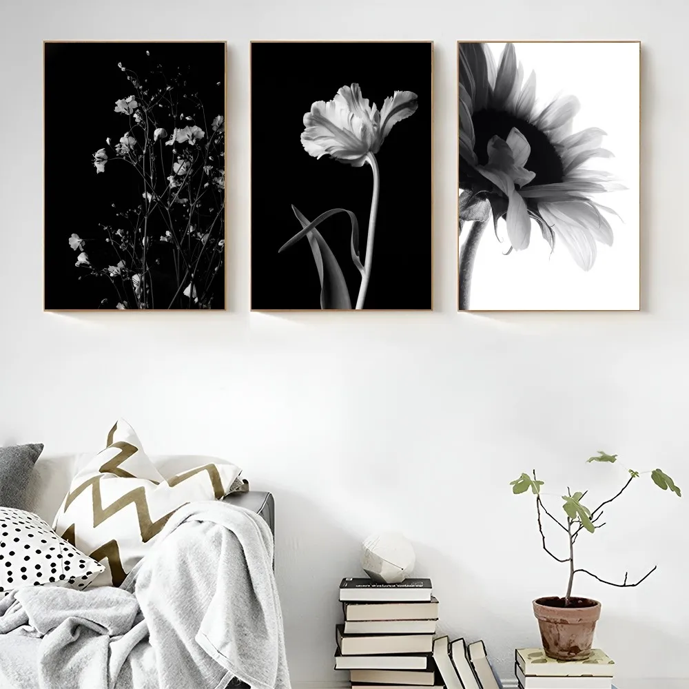 1PC Black And White Art Plant Flower Poster Self-adhesive Art Waterproof Paper Sticker Coffee House Bar Room Wall Decor