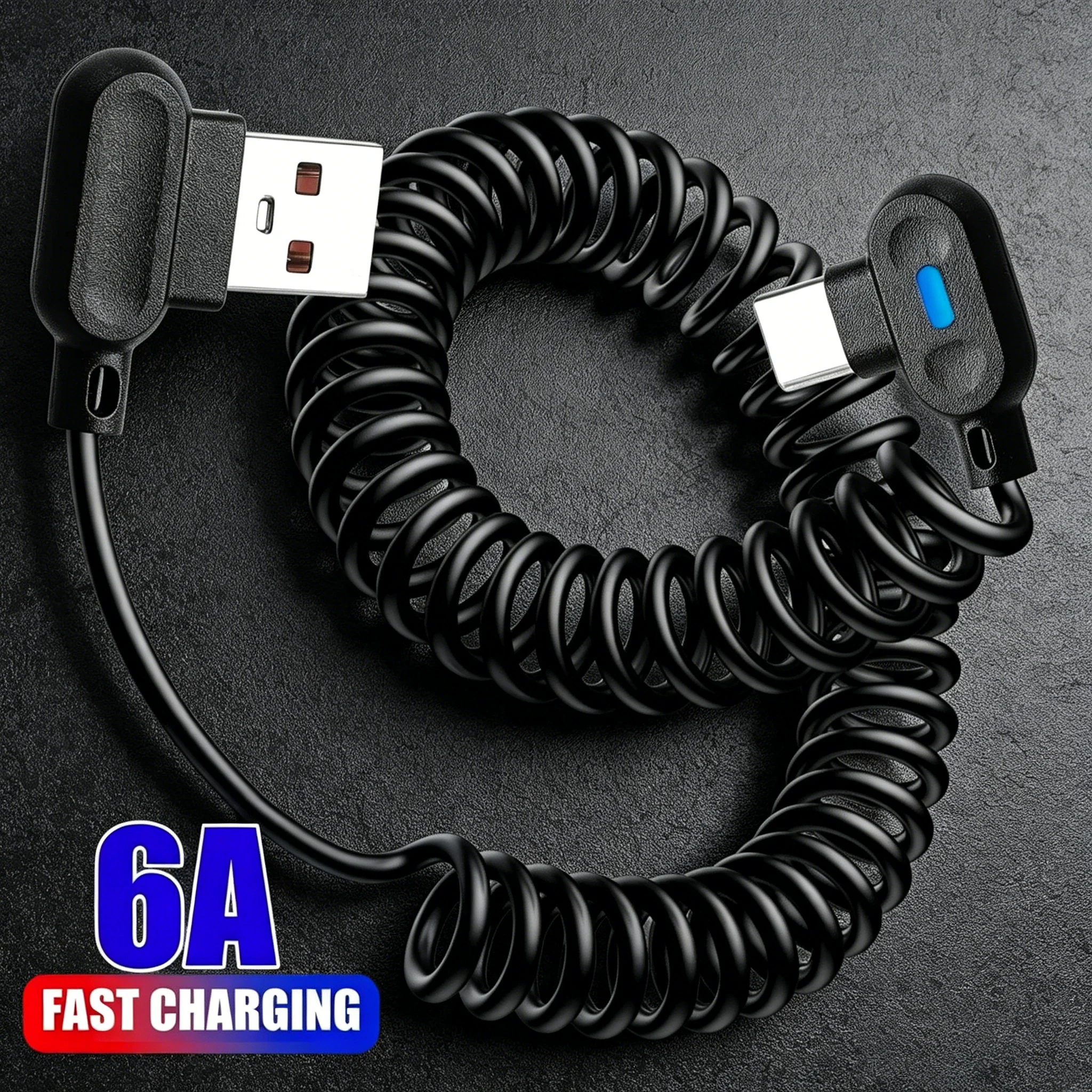 90° Elbow USB Cable 6A Super Fast Charging Short Spring Car Charging Cord PD High Speed Data Sync Wire For iPhone Samsung Xiaomi