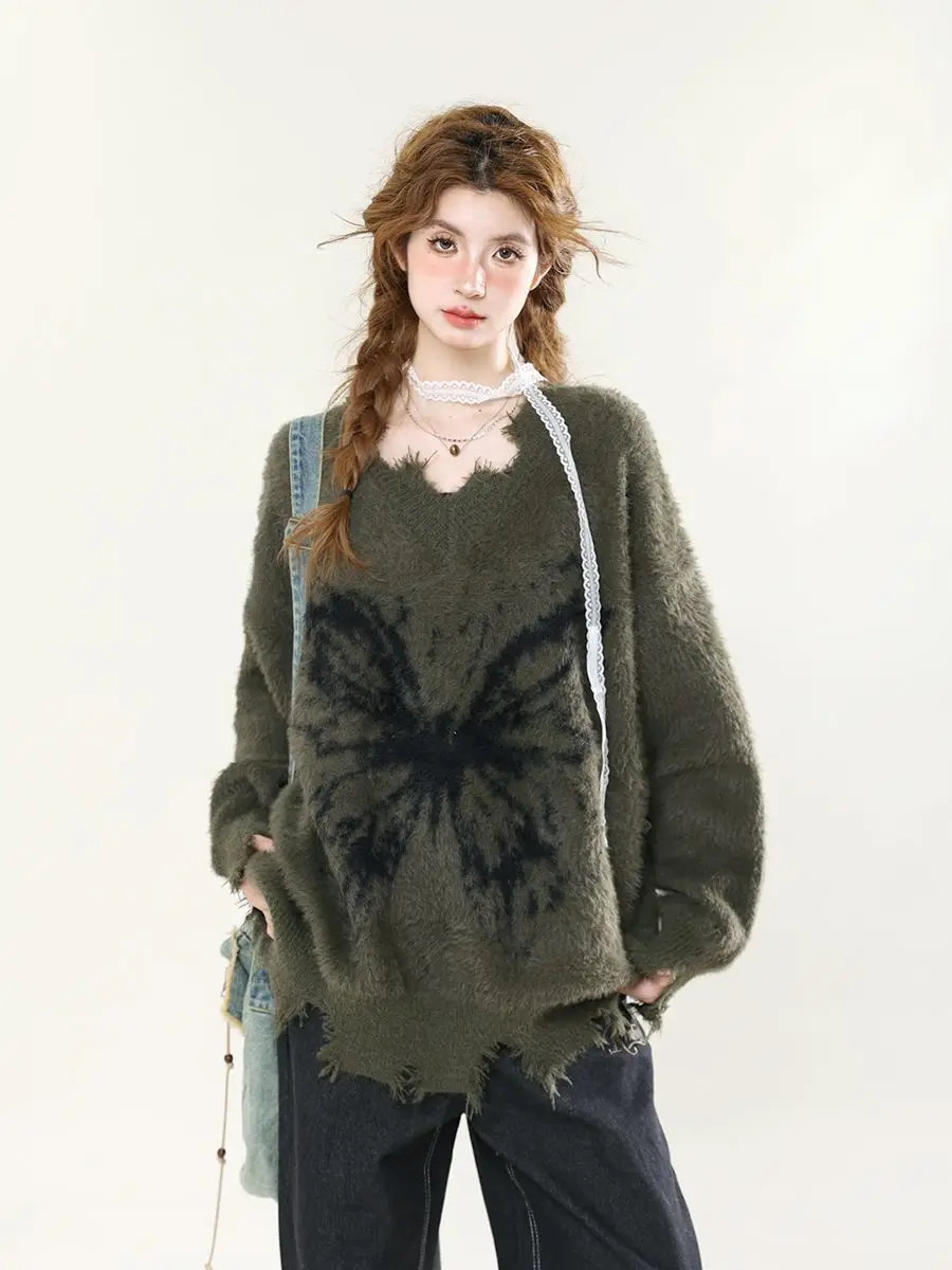 

Женский трикотажный свитер с бабочками, свободный Универсальный свитер в американском стиле ретро с V-образным вырезом и длинным рукавом, весна-осень