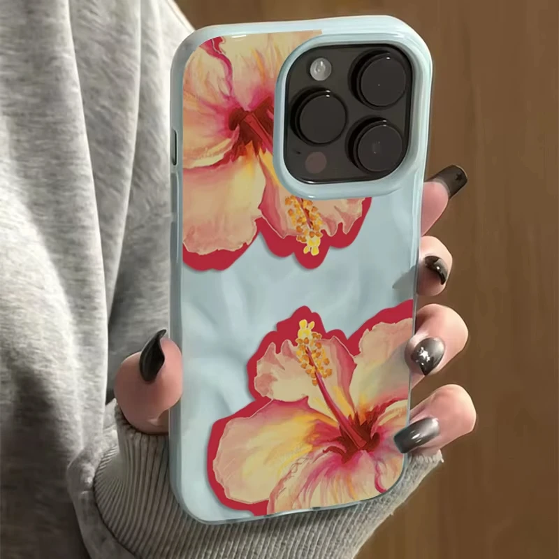Funda de teléfono de silicona con textura de pliegues de flor de hibisco rosa elegante para iPhone 16 Pro Max 15 14 13 12 11 16 15 Plus Funda suave