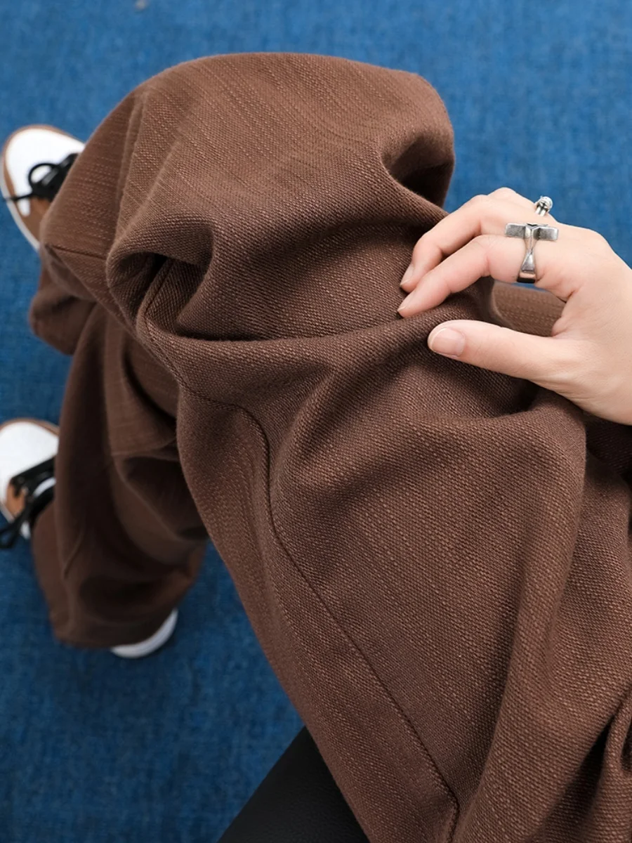 レトロブラウンスリムワイドレッグデニムジーンズレディースハイウエストスリムストレートルーズドレープコーヒーカラーフロアレングスパンツ