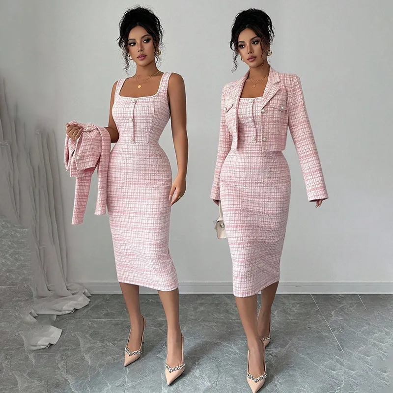 Women's 2-piece long sleeved checkered short jacket+dress 2026 new spring and autumn small fragrance style set