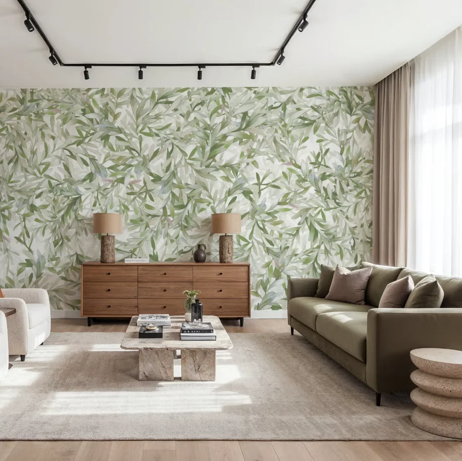 Customized size wallpaper with green layered branches to create a dense canopy effect, pink purple cream leaf wallpaper murals
