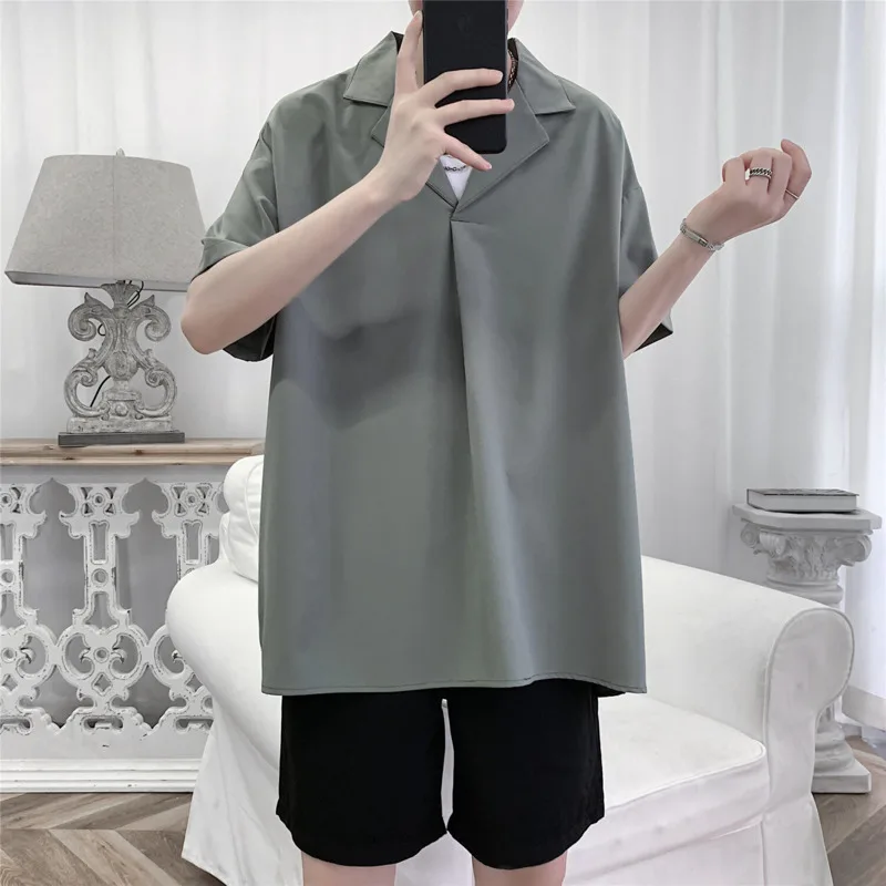 

Summer Short Sleeved Shirt Men Society Mens Black Dress Shirt Korean Loose Ice Silk Shirt Mens Pullover Shirts Plus Size 5XL