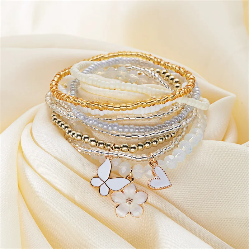 9-teiliges Set Böhmische Schmetterlings-Blumen-Anhänger-Armbänder für Frauen, Handgefertigte Reisperlen-Armbänder, Gestapelte Armbänder, Sommer-Strandparty-Schmuck – Detail 14