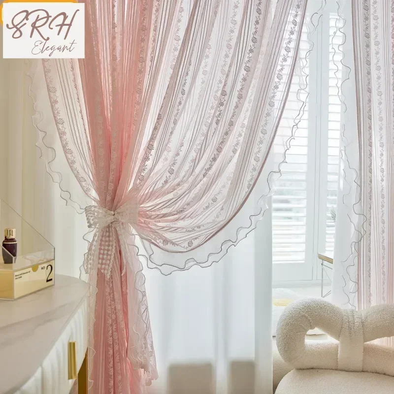 French Girl Pink Lace Wood Ear Edge Splicing Window Screen Curtains For Living Room Bedroom French Window Custom Curtain