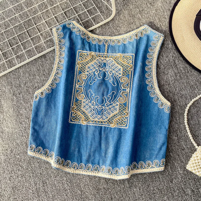 ANJY New Women Waistcoat Woven Embroidered V-Neck Single Breasted Contrast Color Elegant High Street Ins Short Denim Tops A10165