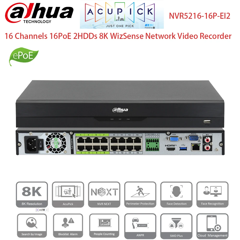 

Dahua 16ch 8K AI NVR 16PoE NVR5216-16P-EI2 AcuPick 448Mbps WizSense Network Video Recorder