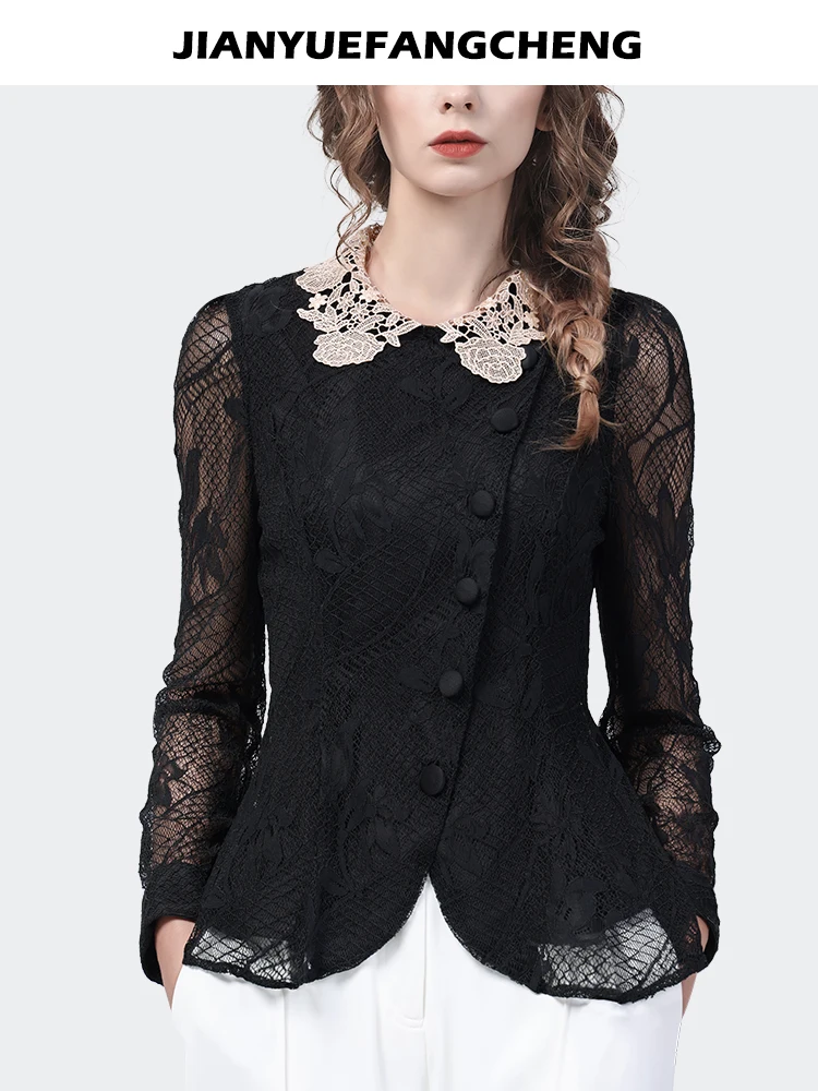 2024 New Black Hollow Out Lace Shirt Tops Women\' Long Sleeve Slim White Lapel Collar Bottoming Shirt Vintage Casual Blouses