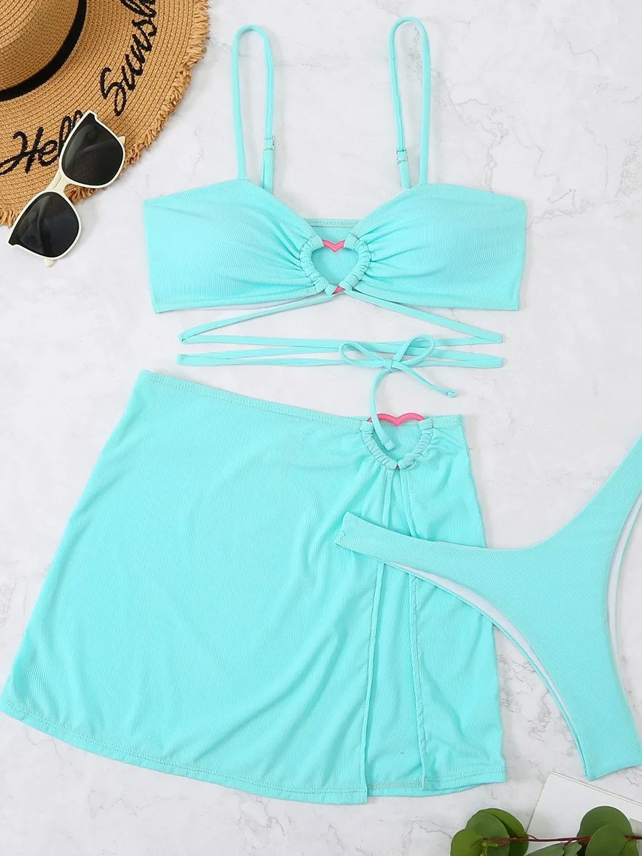 

Ultra-Glamorous-Seductive Bikini Solid Colorful Lace-Up Bikini Three Piece Flouncy Swimsuit Removable Padded Cover-Up Bikini