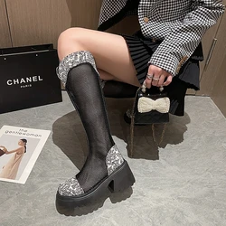 Summer Embroidery Mesh High Knight Boots Small Thick Bottom Hollow V-mouth Mesh Boots Fat Mm Thin Mesh Boots Women Shoes