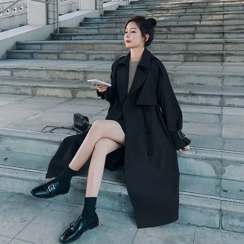 2025 damska wiatrówka w stylu brytyjskim Streetwear dwurzędowe trencze eleganckie jesienne czarne kurtki Khaki