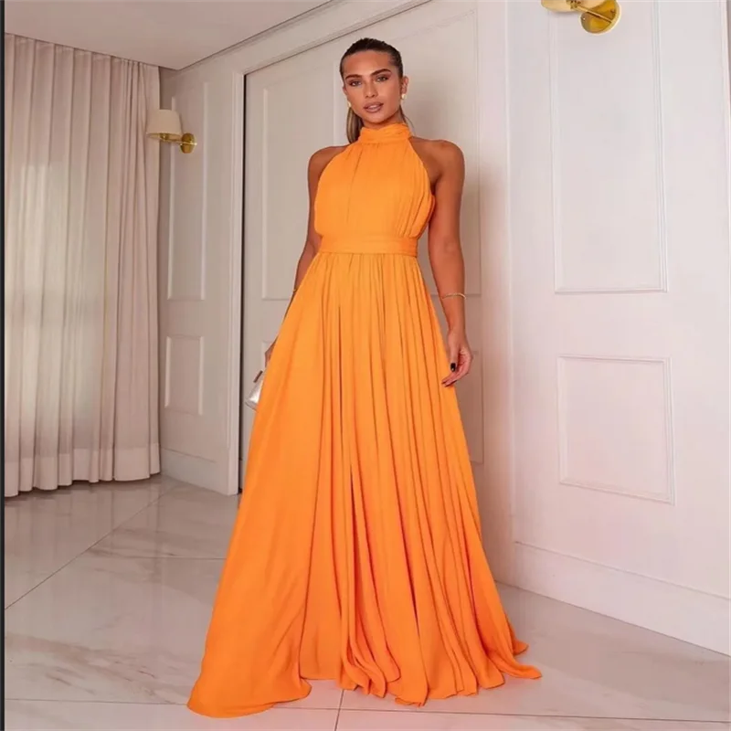 2025, maßgeschneiderte Orang-Chiffon-Abschlussballkleider, Stehkragen, ärmellos, elegante lange Abendparty-Kleider, geschlitztes Damen-Kleid in A-Linie