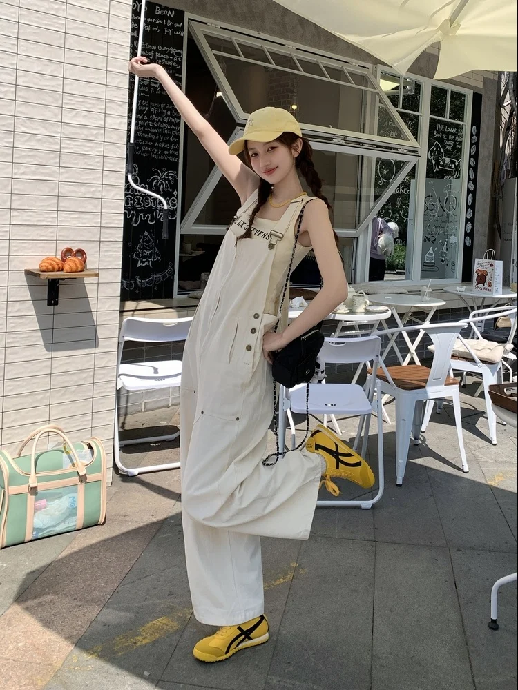 Koreańskie kombinezony damskie w stylu sle sweet cool, letnie, z wysokim stanem, szerokie nogawki, uniwersalne ubrania robocze, szykowny, modny kombinezon jednoczęściowy.