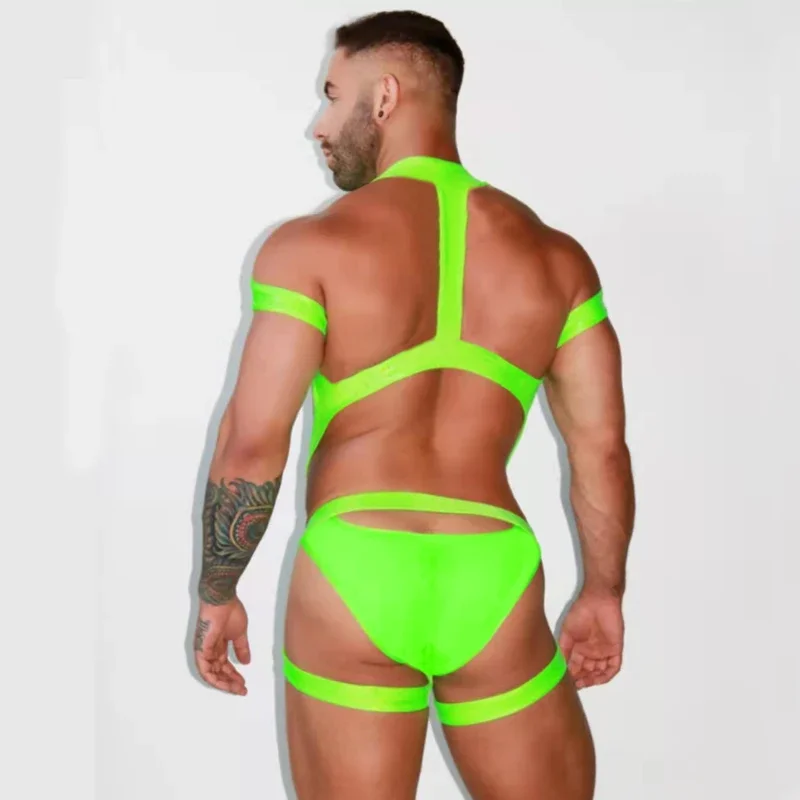 Gilet musle verde fluorescente da uomo con cinturino pettorale e cinghie per le gambe per spettacoli di pole dance, discoteca, bar, costume da solo Gogo