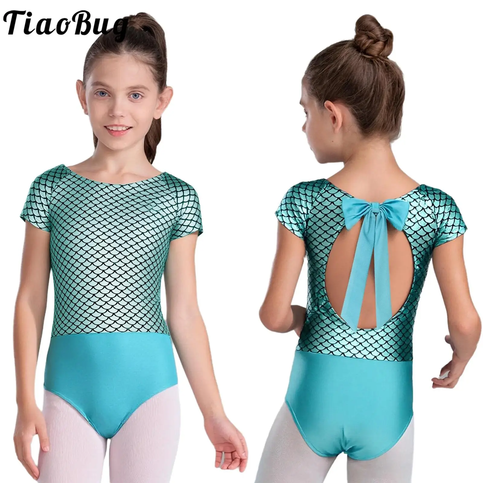 

Kids Girls Ballet Leotard Metallic Fish Scale Print Unitards Short Sleeve Bowknot Back Bodysuit for Gymnastics Dance Performance