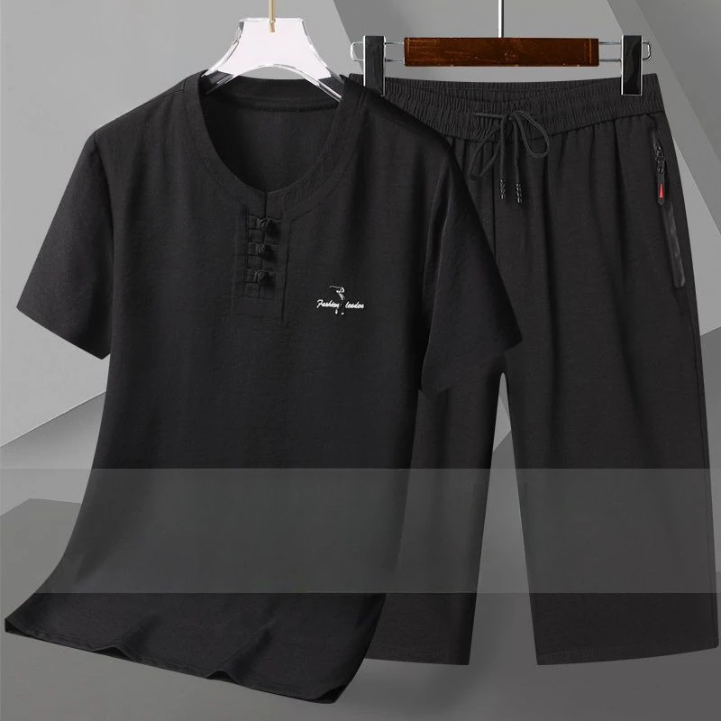Men's Spring Summer Suit Short Sleeve Shorts Seven Pants Ice Silk Breathable Pure Color Simple Comfortable Versatile Slimming