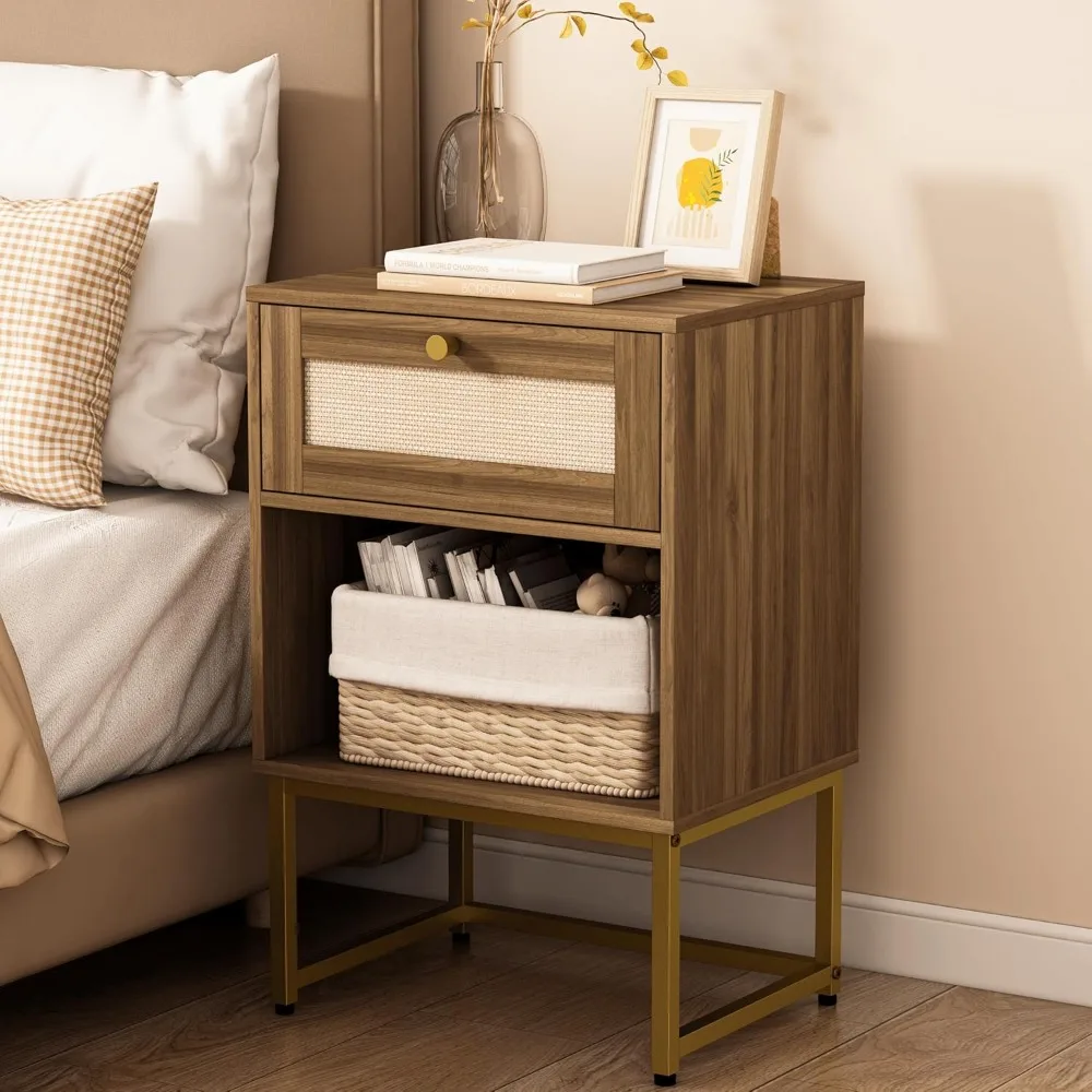 

Rattan Nightstand，Modern Farmhouse Bedside Table with Storage Drawer and Shelf (Walnut Brown02)