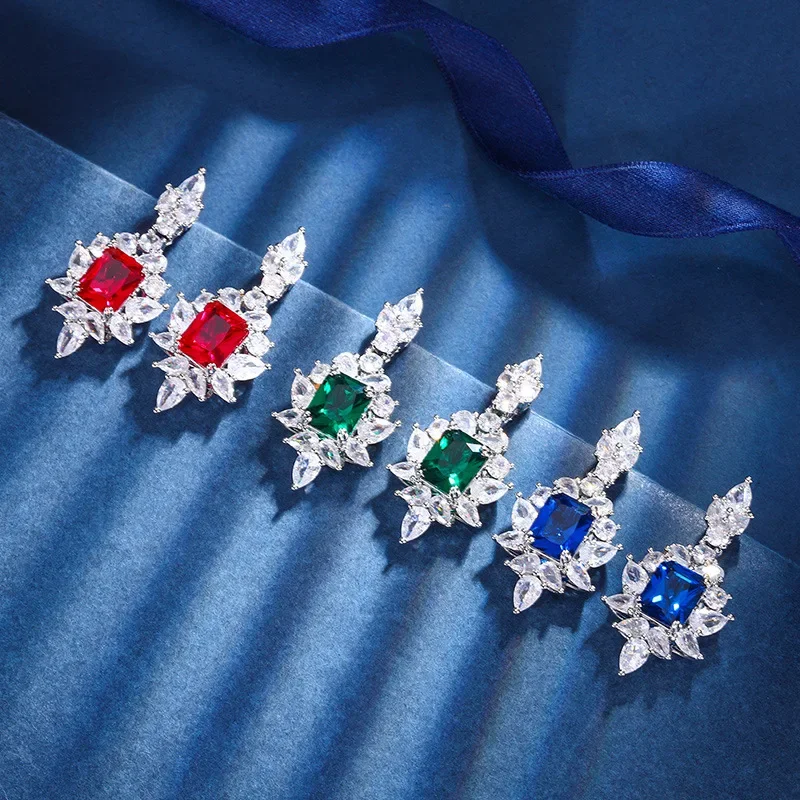 S925 Silver Plated 18K Gold Plated PT950 Platinum Red Corundum Blue Spindle Earrings Main Stone 8*10