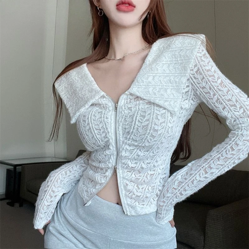 

OCEANLOVE Y2k Lace Blouses Zipper Spring Autumn Solid Vintage Sexy Women Shirts Korean Fashion Slim Short Blusas Feminina