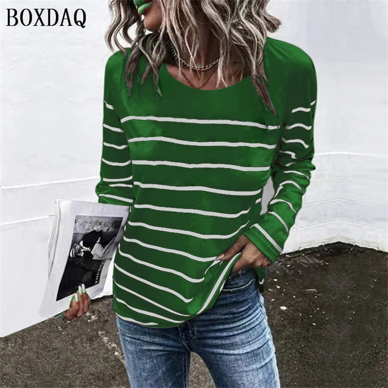 Women Striped T-Shirts Spring Autumn Long Sleeve 3D Print Street Style Ladies Tees 6XL Plus Size Female Clothing Casual Tops