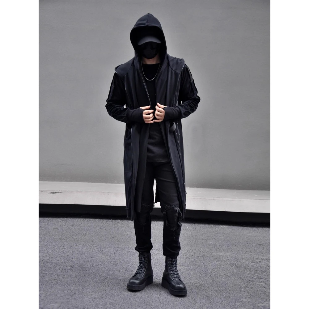 メンズ偽 2 トレンチジャケットウインドブレーカー男性ゴシックパンクストリートロングジャケットコート機能パーカー服黒