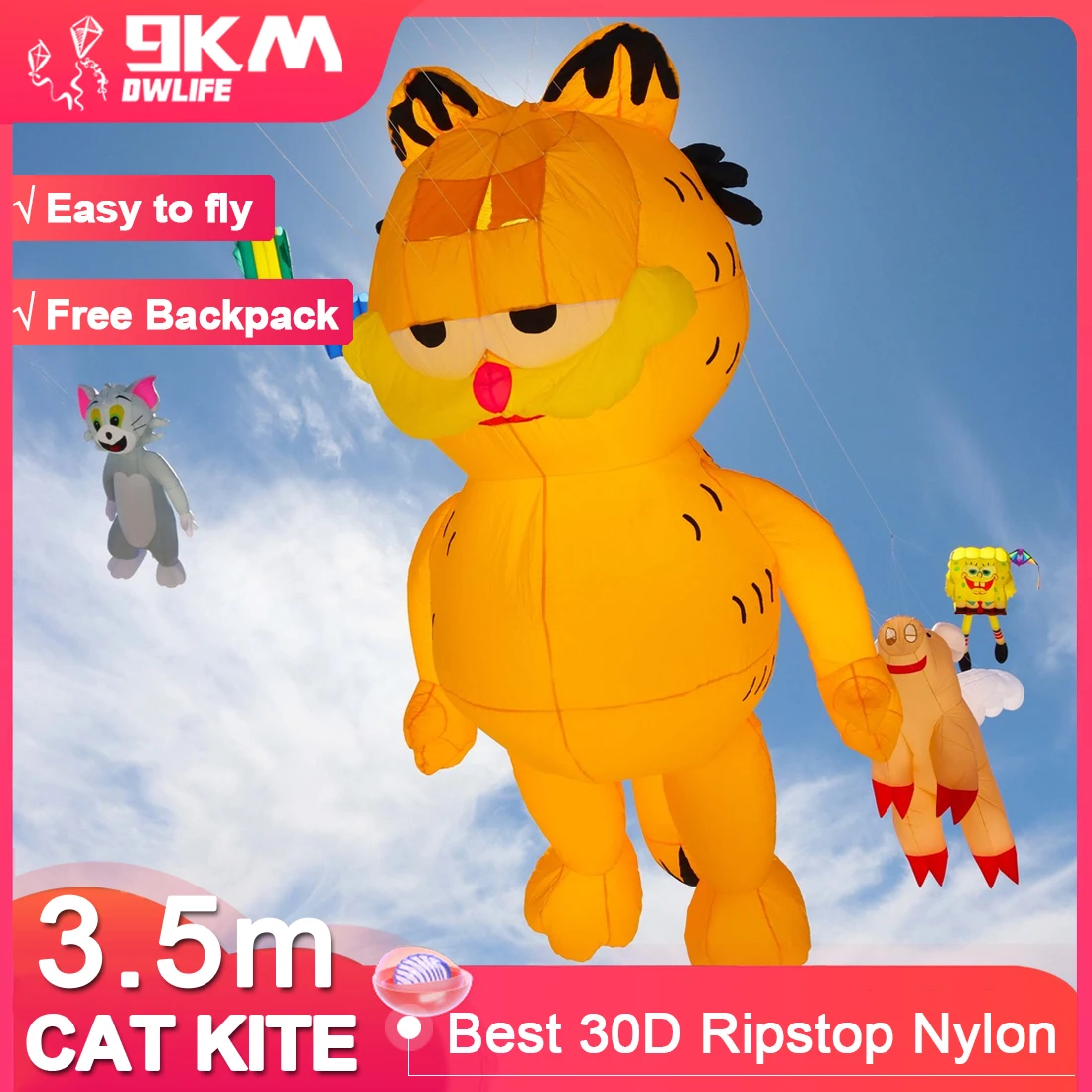 9KM 3,5 m Cat Kite Line Lavanderia Kite Morbido Gonfiabile Spettacolo Aquilone Ciondolo 30D Ripstop Nylon con Borsa per Festival di Aquiloni