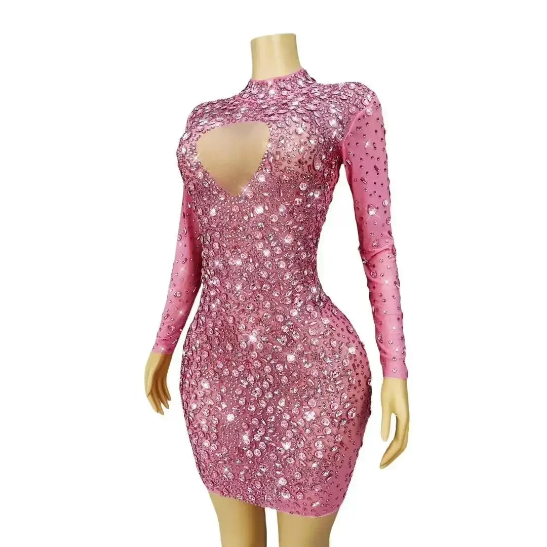 Luxury Long Sleeves Pink Diamonds Maxi Dress for Women Sexy Transparent Outfits Dance Stage Wedding Nightclub Handmade Costumes