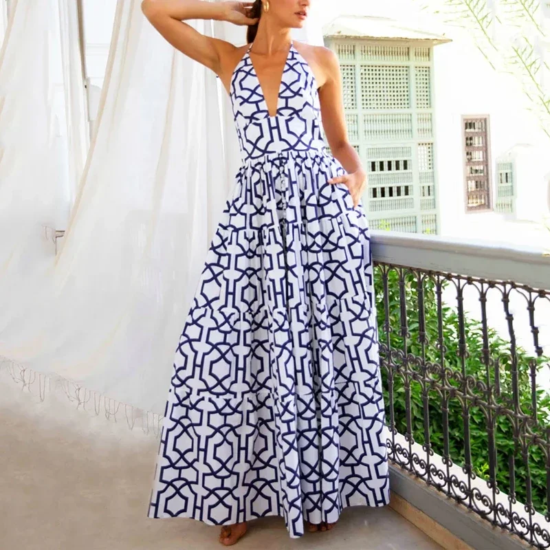 Womens Maxi Dresses Summer Elegant Sleeveless V Neck Halter Backeless Lace Up Printed Nipped Waist Slim Beach Party Long Dresses