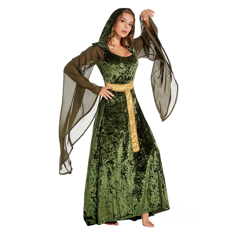 Vrouwen Fantasie Middeleeuwse Jurk Kostuum Capuchon Veteraan Renaissance Fluwelen Trompet Mouw Gothic Groene Jurken Halloween Cosplay Pak