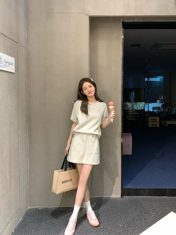 

FF BLUE Pure Girl Sports Sle Home Wear ort Sve round Ne Women's Set ort Skirt orts Casual Outfit