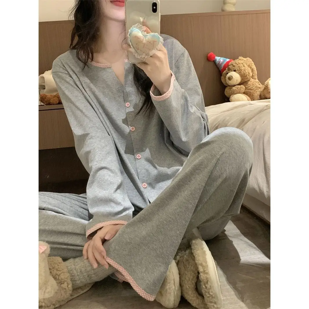 طقم أثاث منزلي للربيع والخريف للنساء بجودة عالية، لون خالص، فضفاض، كم طويل، طقم سراويل طويلة طراز جديد