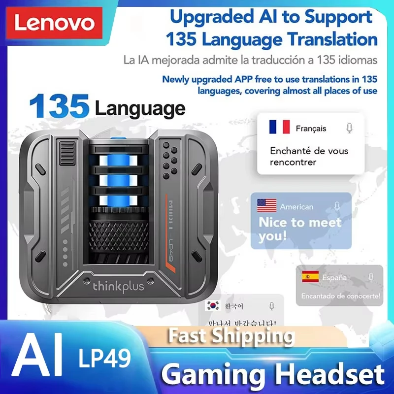 اختيار لينوفو LP49 AI سماعات ترجمة متعددة اللغات ترقية لاسلكية بلوتوث V5.4 سماعة الكمون المنخفض سماعات أذن للألعاب جديد