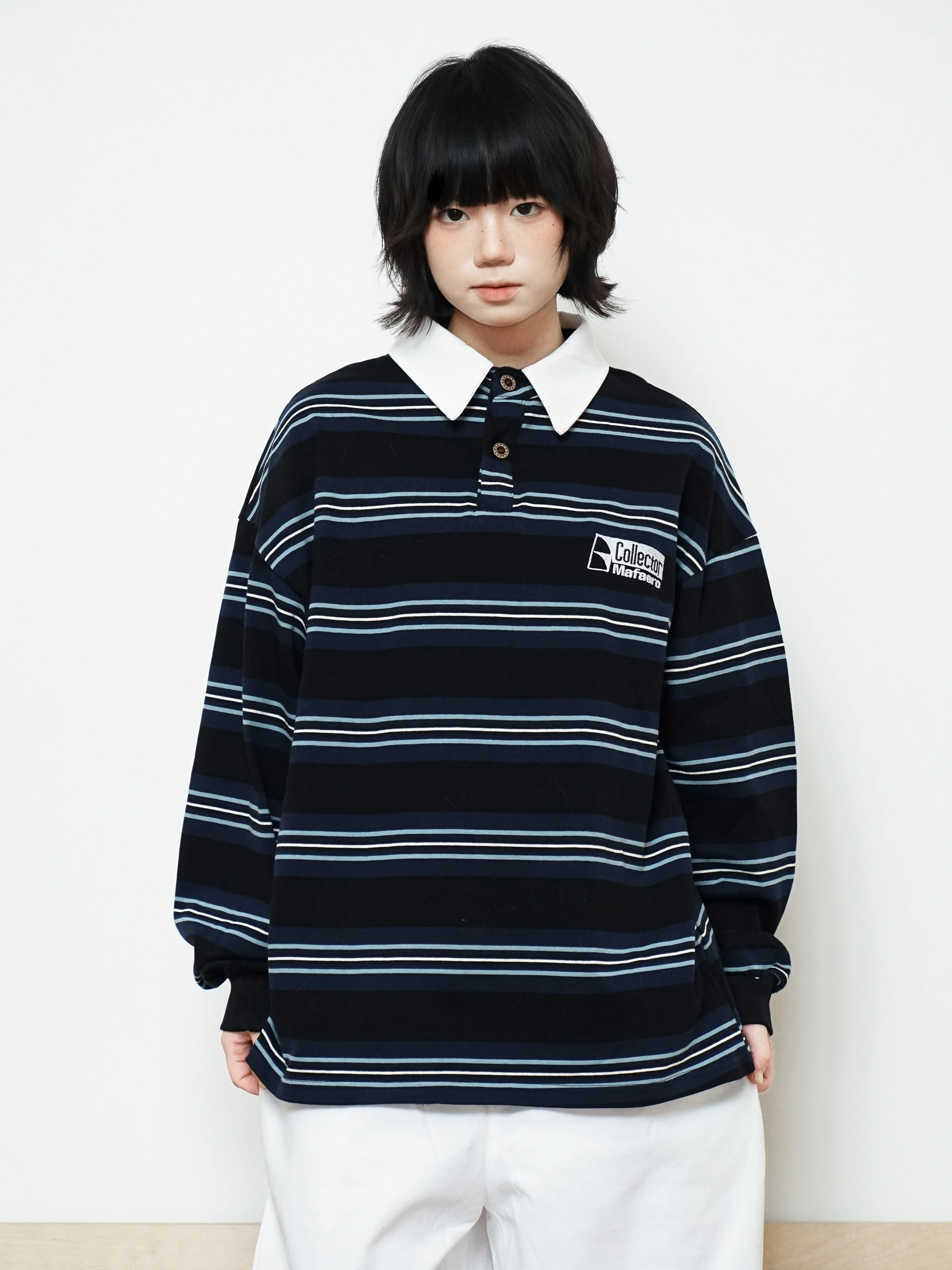 

Retro Embroidered Striped Long Sve T-irt Loose Casual Versatile Top Color Blo Splicing Wide Range of Appliions