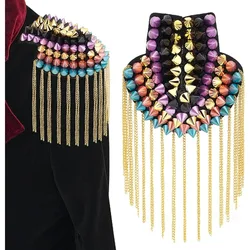 1 Pair Rivet Tassel Epaulets Punk Shoulder Epaulettes with Metal Tassel Chains Colorful Rivet Shoulder Boards Badge