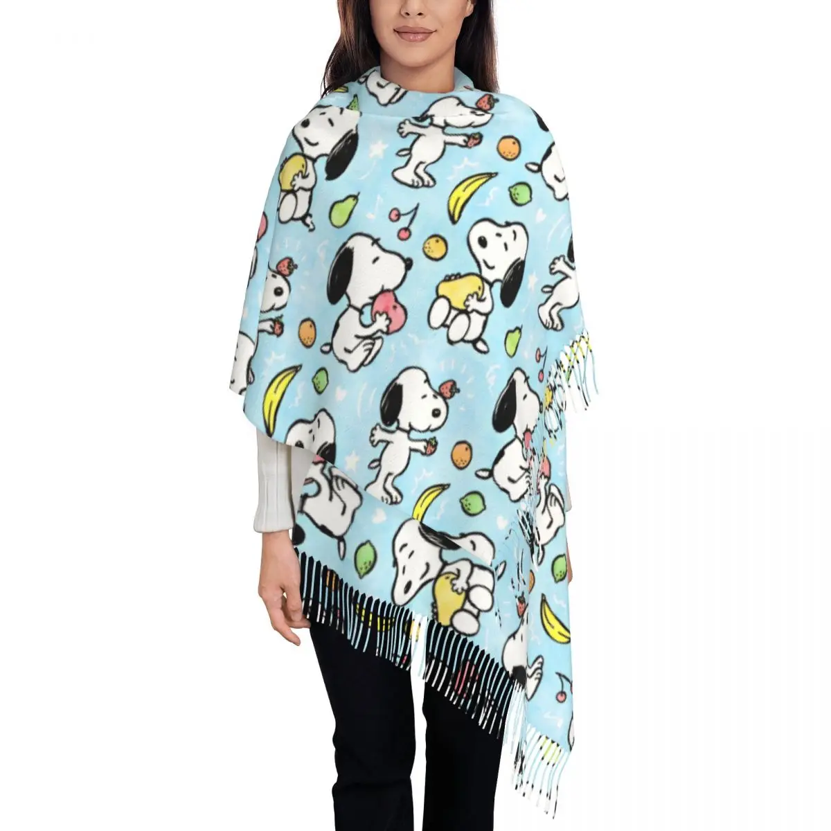 Snoopys Fruits Pattern Scarf for Womens Winter Fall Shawls and Wrap Cartoon Long Scarves with Tassel for Evening Dress