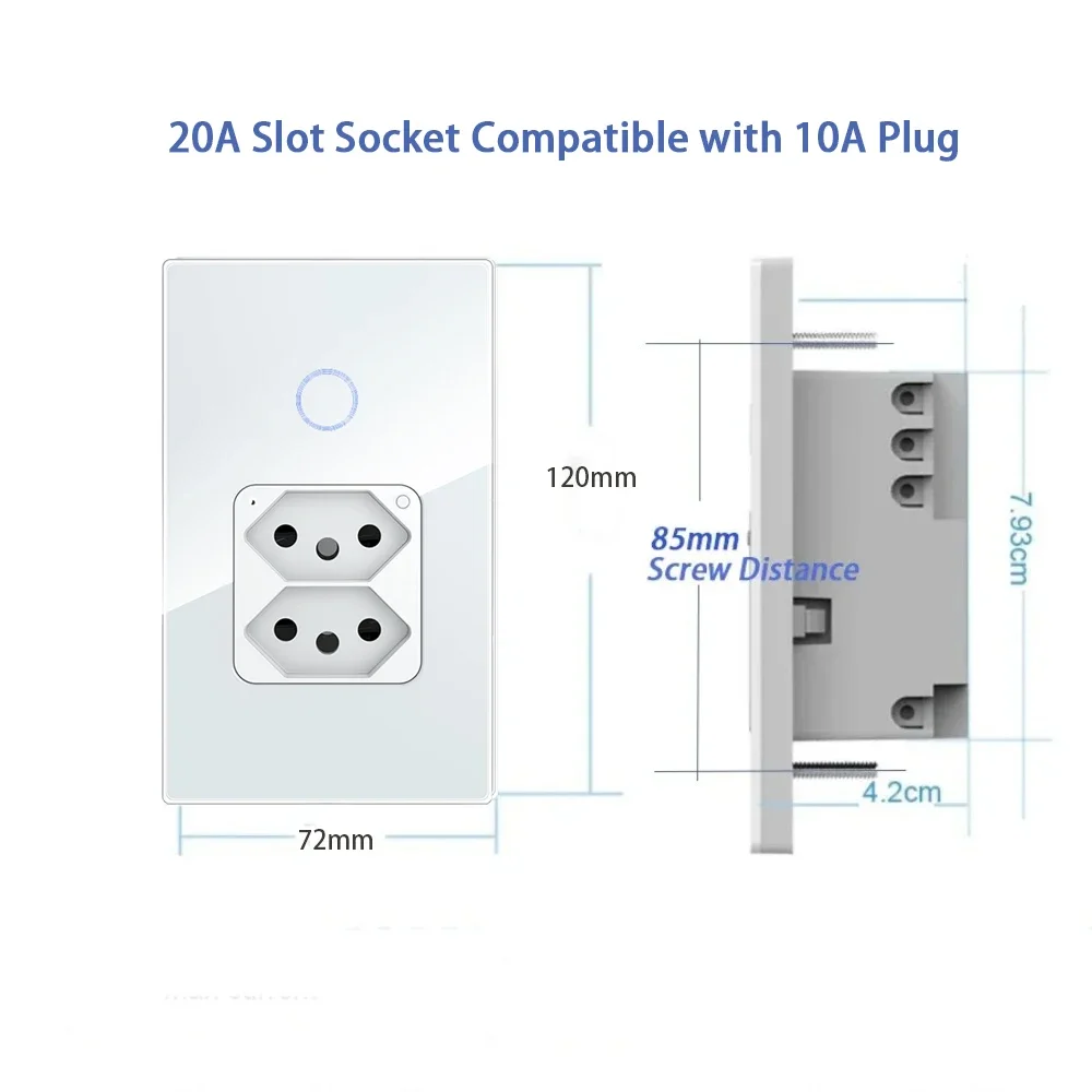 Melery Tuya Brazil Light Switch Wifi Smart Dual Wall Socket 20A Plug Outlet Touch Sensor Glass Panel Remote by Alexa Google Home