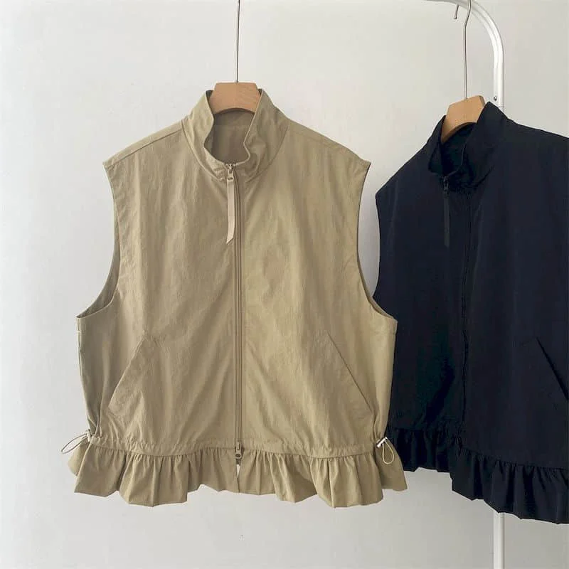 High Neck Vests 2026 Autumn Niche Waistcoats Casual Korean Style Cardigans Zipper Design Sleeveless Cropped Coats Women Clothing