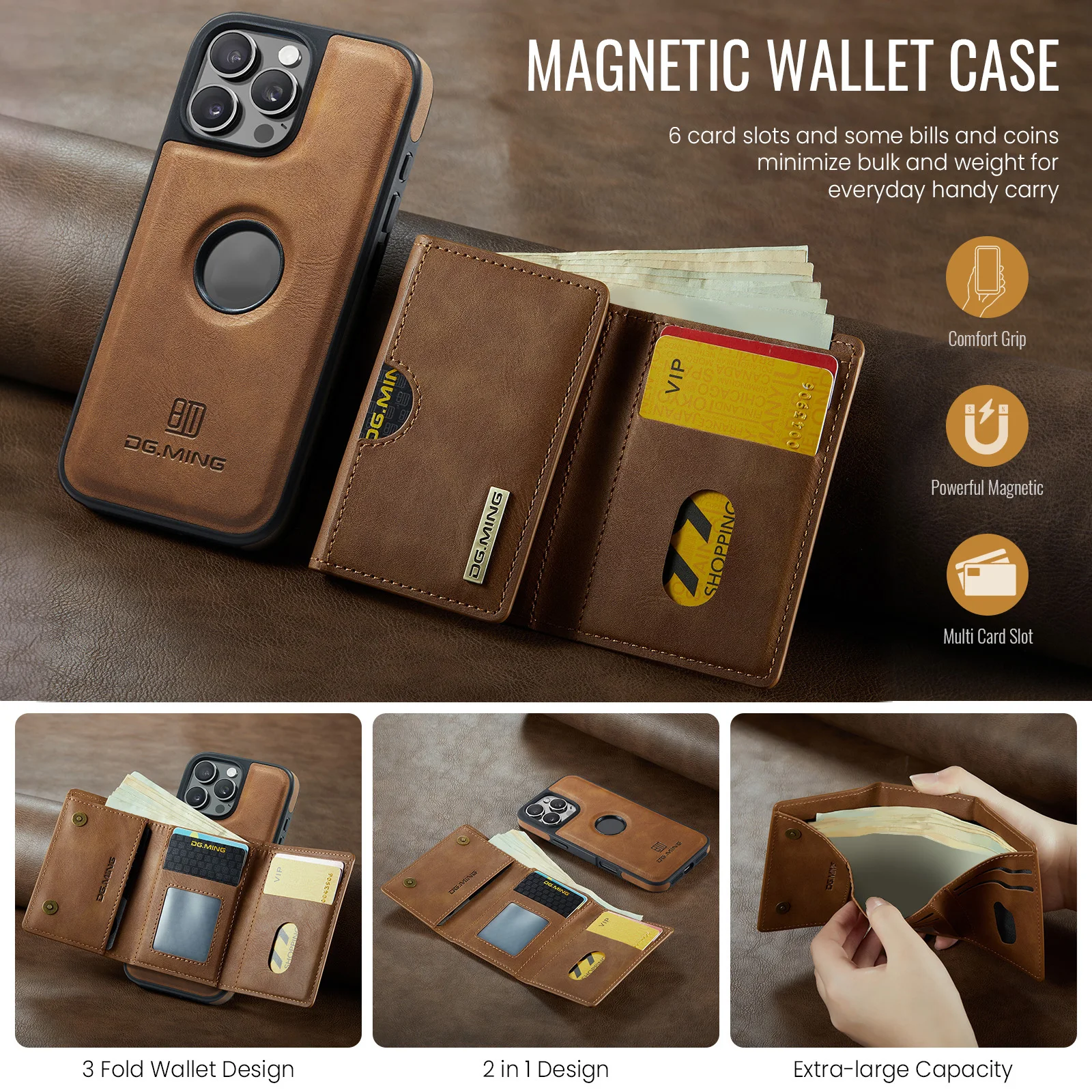 2 in 1 Detachable Magnetic Wallet Case for iPhone 17 Air 16 Pro Max 16E 15 Plus 14 13 12 11 Triple Fold Bag RFID Card Slot Cover