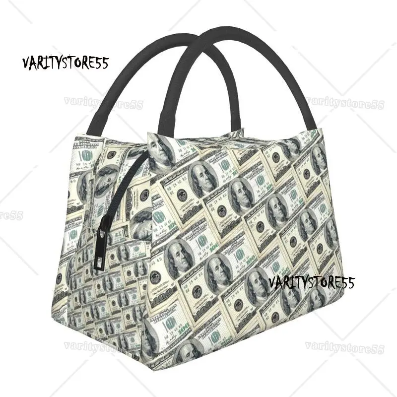 

100 Dollar US Money Art Insulated Lunch Tote Bag for Women Banknotes Cash Stacks Resuable Cooler Thermal Bento Box Work Travel