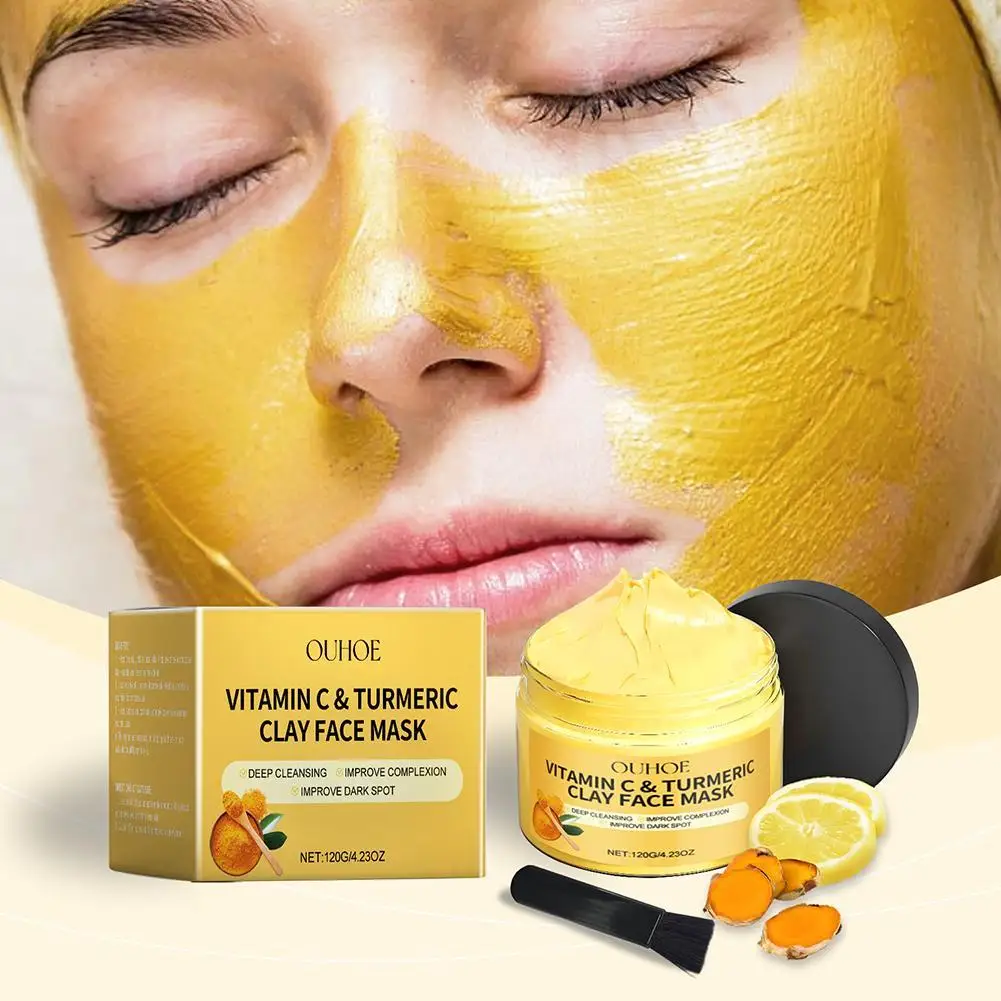 Masker Wajah tanah liat perawatan kulit 120g, pembersihan dalam Vitamin C kunyit masker wajah