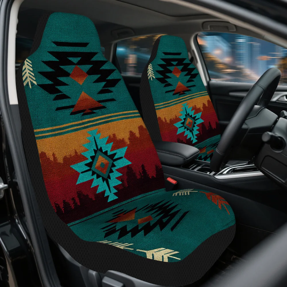 2pcs Geometric Tribal Design Seat Covers, Front Seat Protectors For Men And Women, Durable, Comfortable Fit For Cars, Trucks,