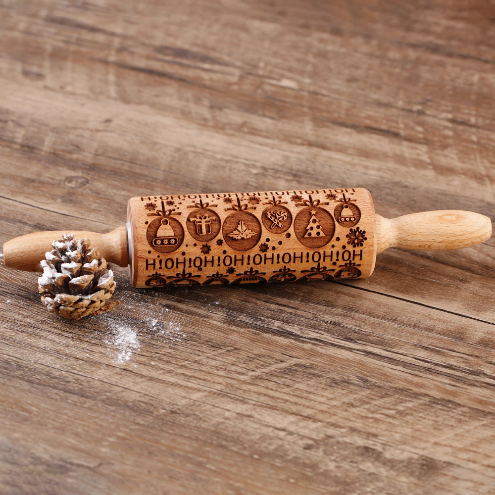 1pc 10inch Wooden Christmas Embossed Small Rolling Pin For Pastry Baking Tools Angel Elk Boots Deep Engraving Cookies Stamp Tool