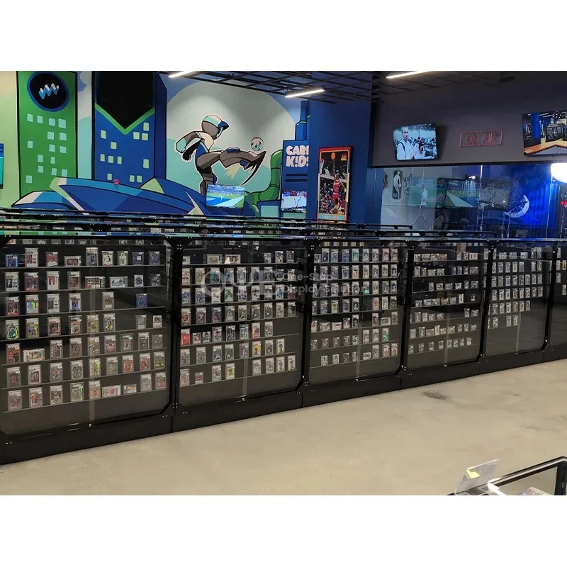 custom.Factory Price Card Display PSAs TCG Display Fixtures Metal Repostionable Rail Card Display Stand Double Side Showcas