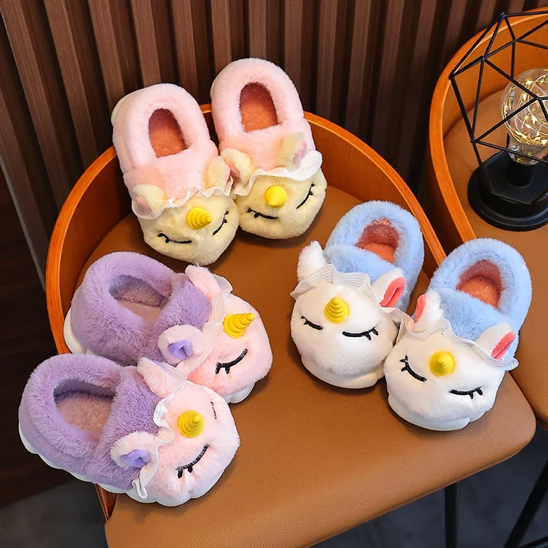 Winter Wrap Heels Kids Plush Slippers Cartoon Unicorn Children\'s Indoor Flip Flops Non-Slip Girls Boys Warm House Cotton Shoes