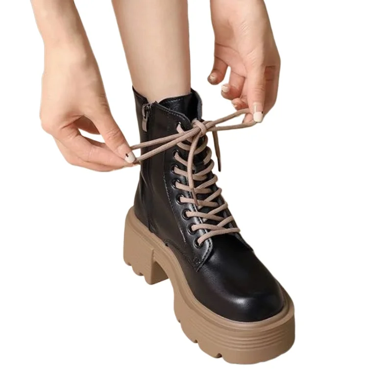British Style Autumn Platform Shoes for Women Fashion Lace Up Round Toe Ankle Boots for Women Chunky Heel Ladies Short Boots