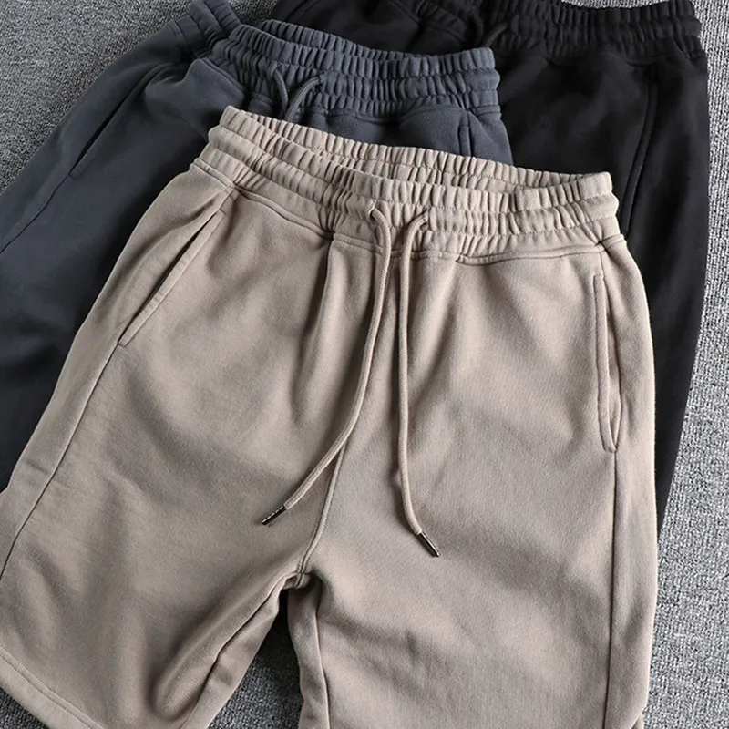 2022 Summer New Japanese Retro 360g Heavyweight Knitted Shorts Men's Straight Washed Pure Cotton Drawstring Loose Sports Shorts