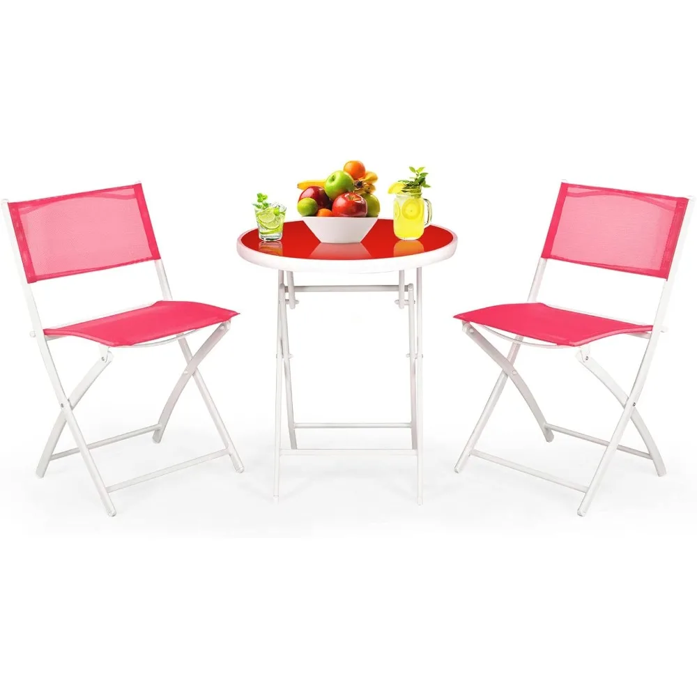 

3 Pieces Patio Folding Bistro Set, Outdoor Foldable Chair & Table Set with Breathable Fabric, Tempered Glass Tabletop, Small Co