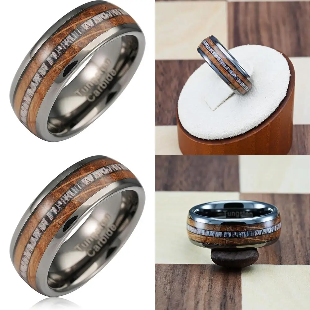

Мужские кольца из вольфрама цвета оружейной стали с инкрустацией из древесины винных бочек и оленьего рога, размеры 6-16