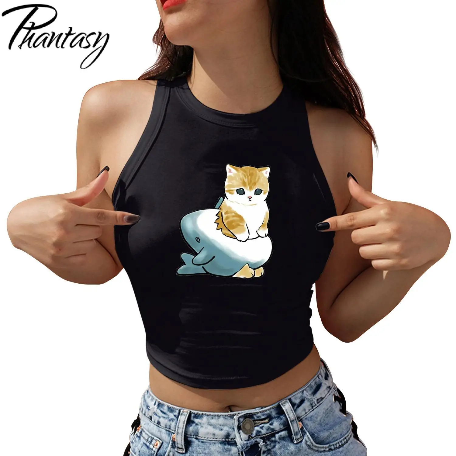 Phantasy Cute Shark Cats Printed Women Crop Top Streetwear Sleeveless Summer Camisole Harajuku Female Casual Y2K Tank Tops